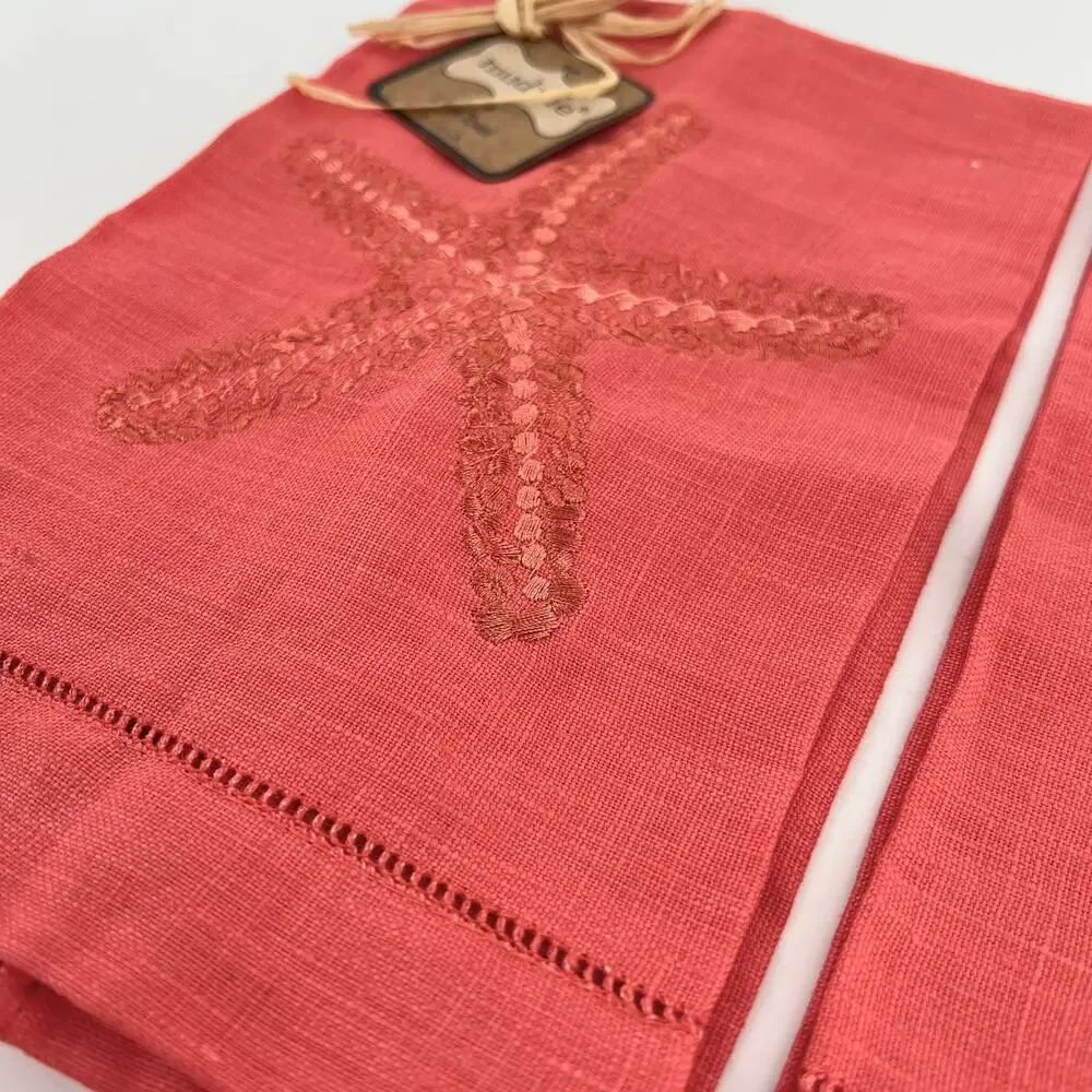 Mud Pie Linen Coastal Tea Towels Coral Embroidered Seahorse Starfish